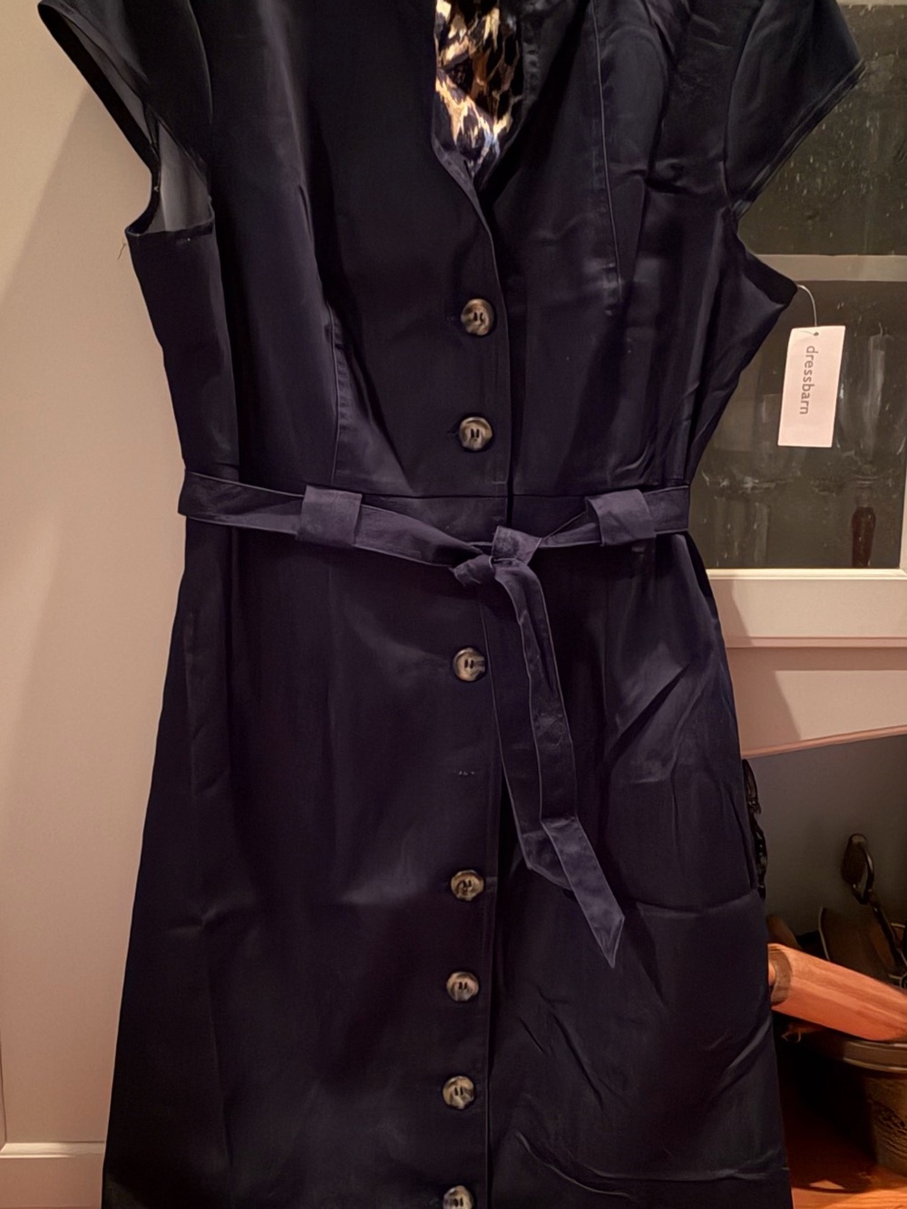 dressbarn Navy Denim Style Button-Front Midi Dress with Self-Tie Waist